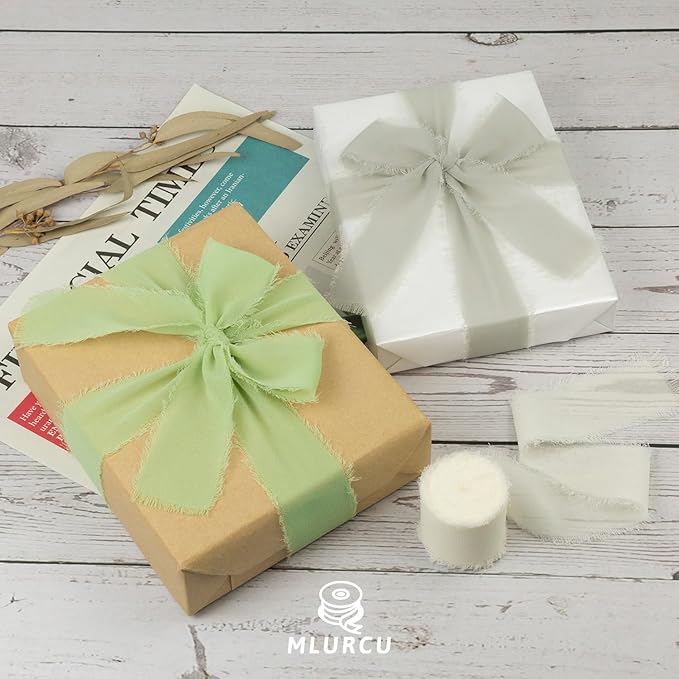 Sage Green Chiffon Ribbon 1.5 Inch x 21Yds Handmade Fringe Chiffon Silk Ribbon Sage Green/Desert Sage/Cream Frayed Chiffon Ribbon for Wedding Invitation Flower Bouquets Bridal Shower Gift Wrapping