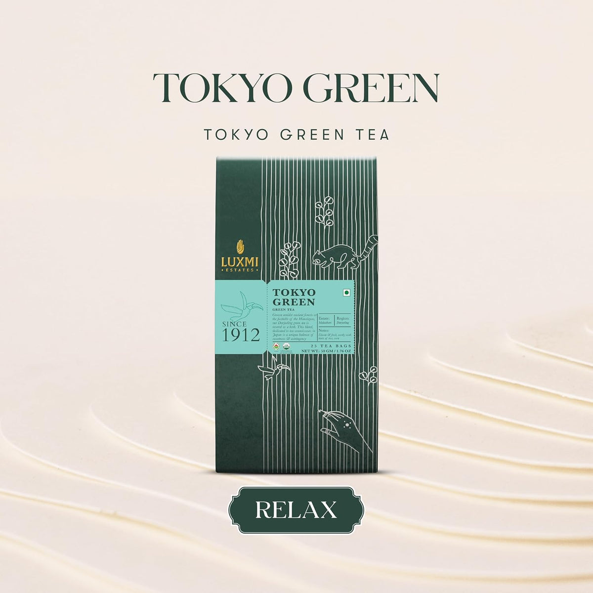 Luxmi Estates Tokyo Green Organic Green Tea (25 Tea Bags) Tea Bags For Relaxing, Calming, and Stress Relief