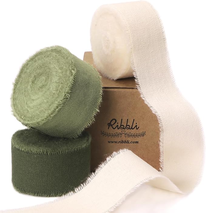 Ribbli 3 Rolls Green Ribbon 1 Inch x 18 Yards Ivory Sage Moss Handmade Cotton Frayed Fringe Ribbons for Gift Wrapping Wedding Invites Bridal Bouquets Baby Shower DIY Crafts Home Decor