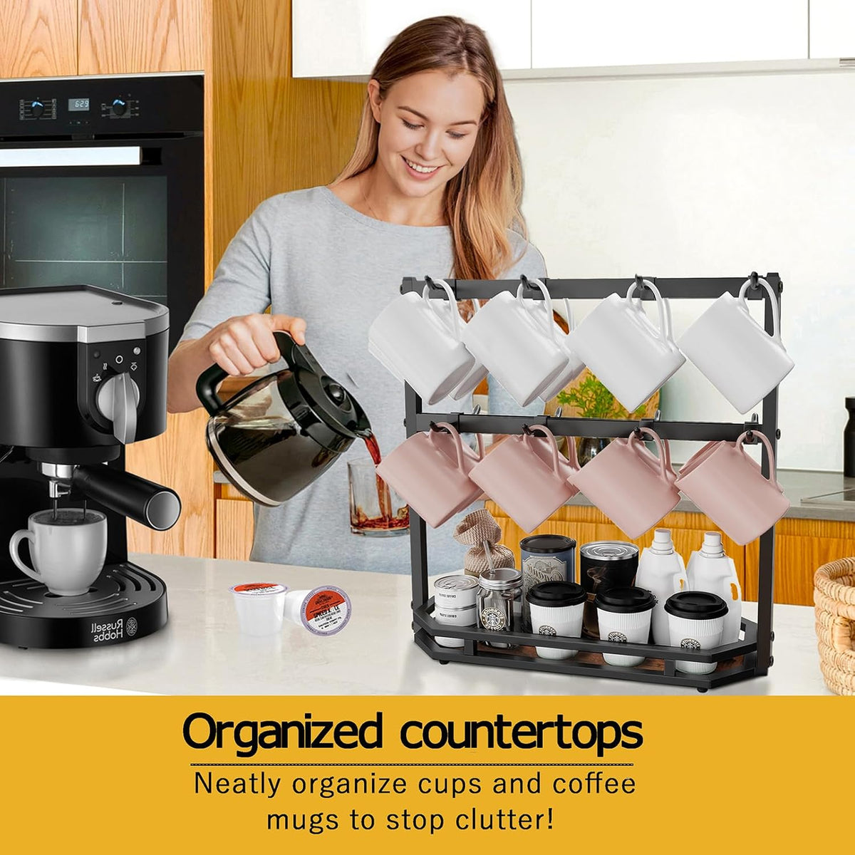 Coffee Mug Holder with Movable Hooks,16 Capacity Coffee Cup Holder for Countertop, Metal Mug Tree Holder Rack with Storage Base