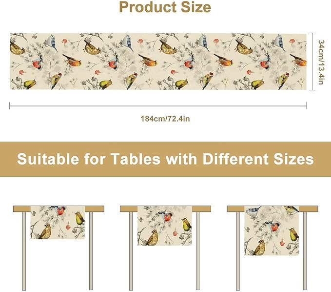 Vintage Bird Table Runner,Watercolor Winter Perching Birds Table Decoration for Kitchen Dining Table Holiday Indoor Outdoor Home Party Decor 13x90in