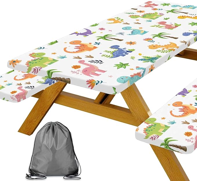 Funny Dinosaur Picnic Table Cover with Bench Covers and Bag, Camping Essentials, Animal Waterproof Windproof Fabric, Fitted Tablecloth Cover with Elastic Edge, for Indoor & Outdoor, 3 PCS, 30x96 Inch