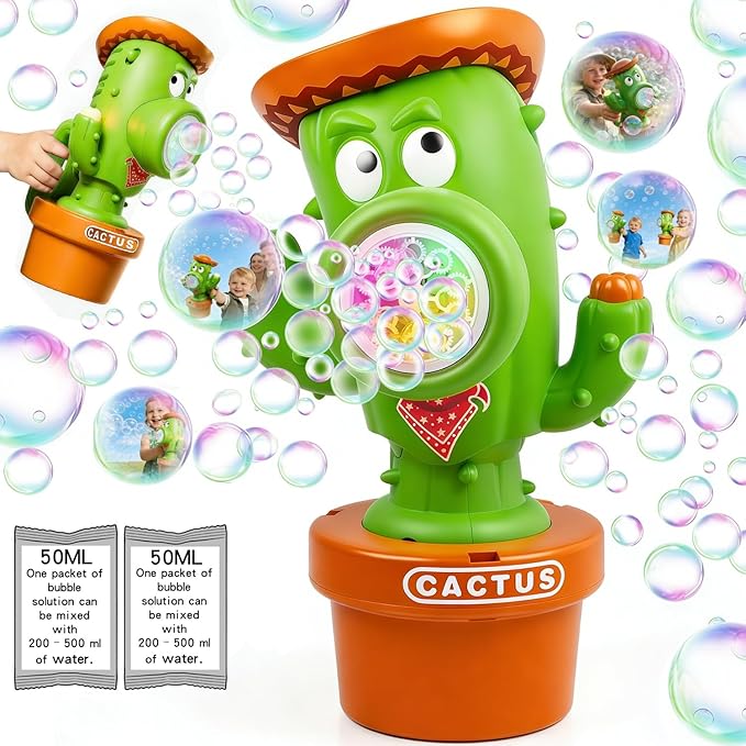 Cactus Bubble Machine for Children, Automatic Cactus Toy Bubble Maker for Toddlers, Rechargeable Battery-Operated Bubble Toys for Indoor and Outdoor Birthday Parties,Great Gift for Toddlers Aged 3+
