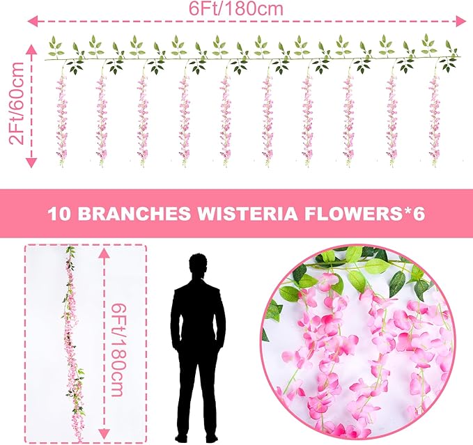 Alotiki Wisteria Artificial Flowers Garland,10Pcs Total 60ft Silk Fake Pink Wisteria Flowers Hanging for Home Garden Wedding Arch Party Indoor Outdoor Decor(10,Pink)