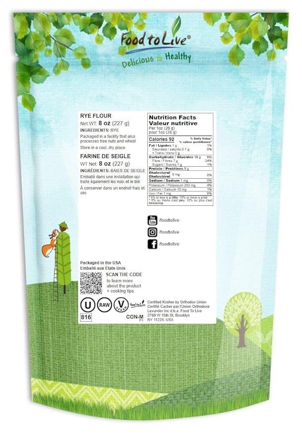 Food to Live Rye Flour, 8 Ounces – Stone Ground from Whole Grain Rye Berries, Kosher, Vegan, Bulk, Great for Bread Baking, Product of the USA