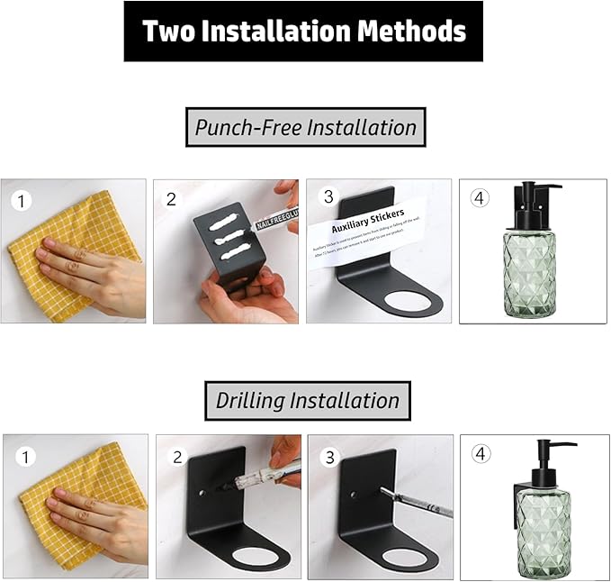 2 Pack Green Shampoo and Conditioner Dispenser for Wall Mount, 11oz Clear Glass Shower Soap Bottle for Bathroom, Modern 1 Chamber No Drill, Easy Refill Hand Body Wash Dispensers with Plastic Pump
