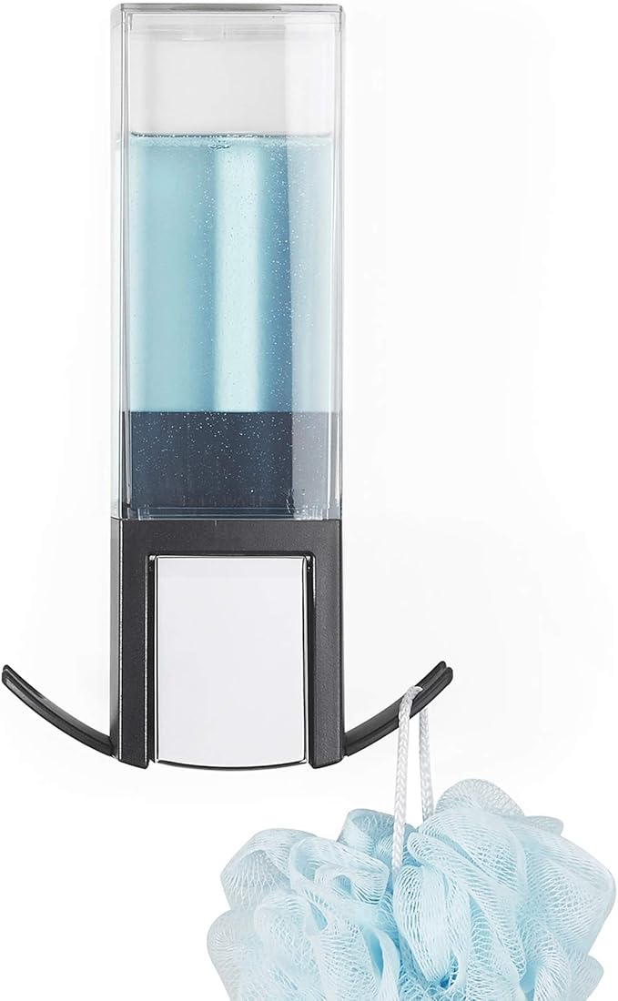 Compactor Wall Mounted Single Soap Pump Dispenser, No Drilling Soap Bottle, 500 ml Capacity with 2 Storage Hooks, 12.1 x 12.1 x 20.6 cm, Durable ABS, Black/Chrome, RAN9654