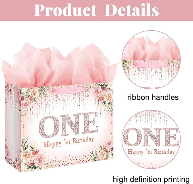 Laidans Rose Gold One Year Old Happy Birthday Gift Bag with Tissue Paper and Card for Bday Party Supplies (Rose Gold) (1st)