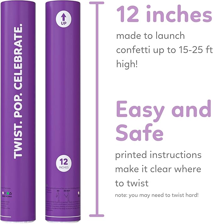 2 Pack Confetti Cannon Confetti Poppers | Biodegradable Purple Confetti | TUR Party Supplies | Launches Up to 25ft | Giant (12 in) | Party Poppers for Graduation, Birthdays, Weddings, and Memorial Day