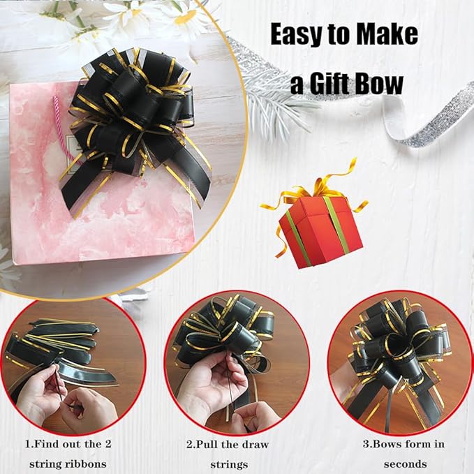 HQJAXJ 6 Pieces Black Bows for Gift Wrapping Pull Bow Ribbon Pull Bows for Christmas Wedding Baskets Valentine's Day Bows 6 inch Pull Bow for Gift Wrapping (Black)
