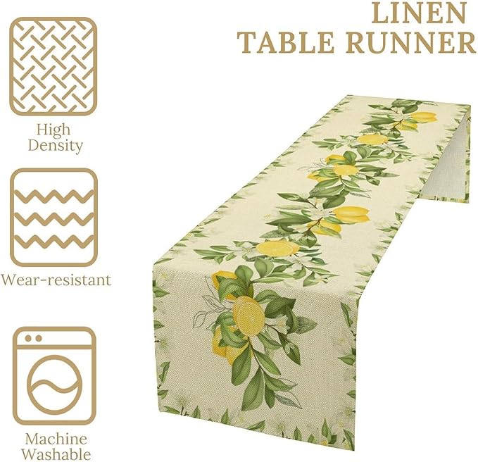 Summer Lemon Table Runner, Spring Blooming Lemon Tree Branches Bouquets Yellow Green Leaves Table Runner for Farmhouse Home Dining Kitchen Table Party Decor, 13x120inch