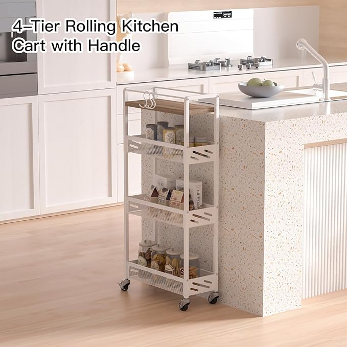 DGSNADGO Slim Rolling Storage Cart, 4-Tier Kitchen Cart on Wheels, Narrow Utility Cart with Handle and Wooden Tabletop for Small Space in Kitchen, Living Room, Bathroom, Laundry Room, Beige and White