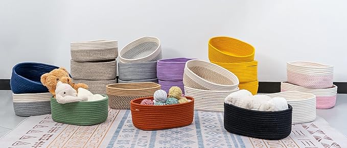 CubesLand Rope Woven Storage Baskets, Small Baby Nursery Organizer Basket, Rectangular Organization/Storage Bins, Closet Shelves Baskets，Empty Gift Basket 3 Packs, Yellow