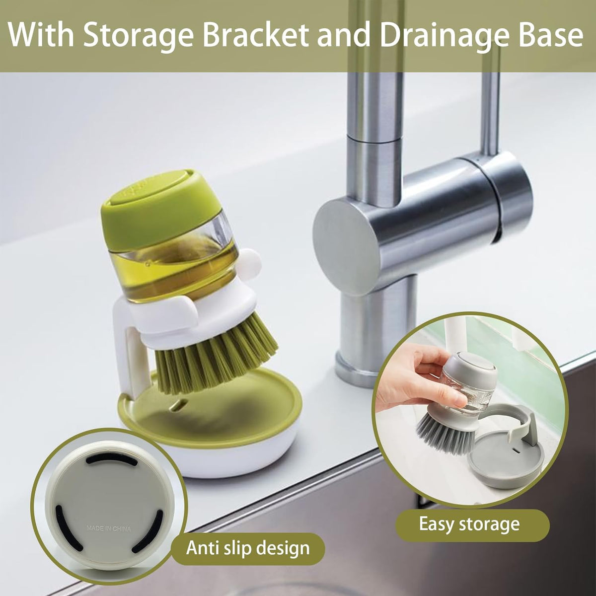 Soap Dispenser with Dish Brush and Storage Bracket, Easy to Clean Kitchen Utensils and Sink, Gray