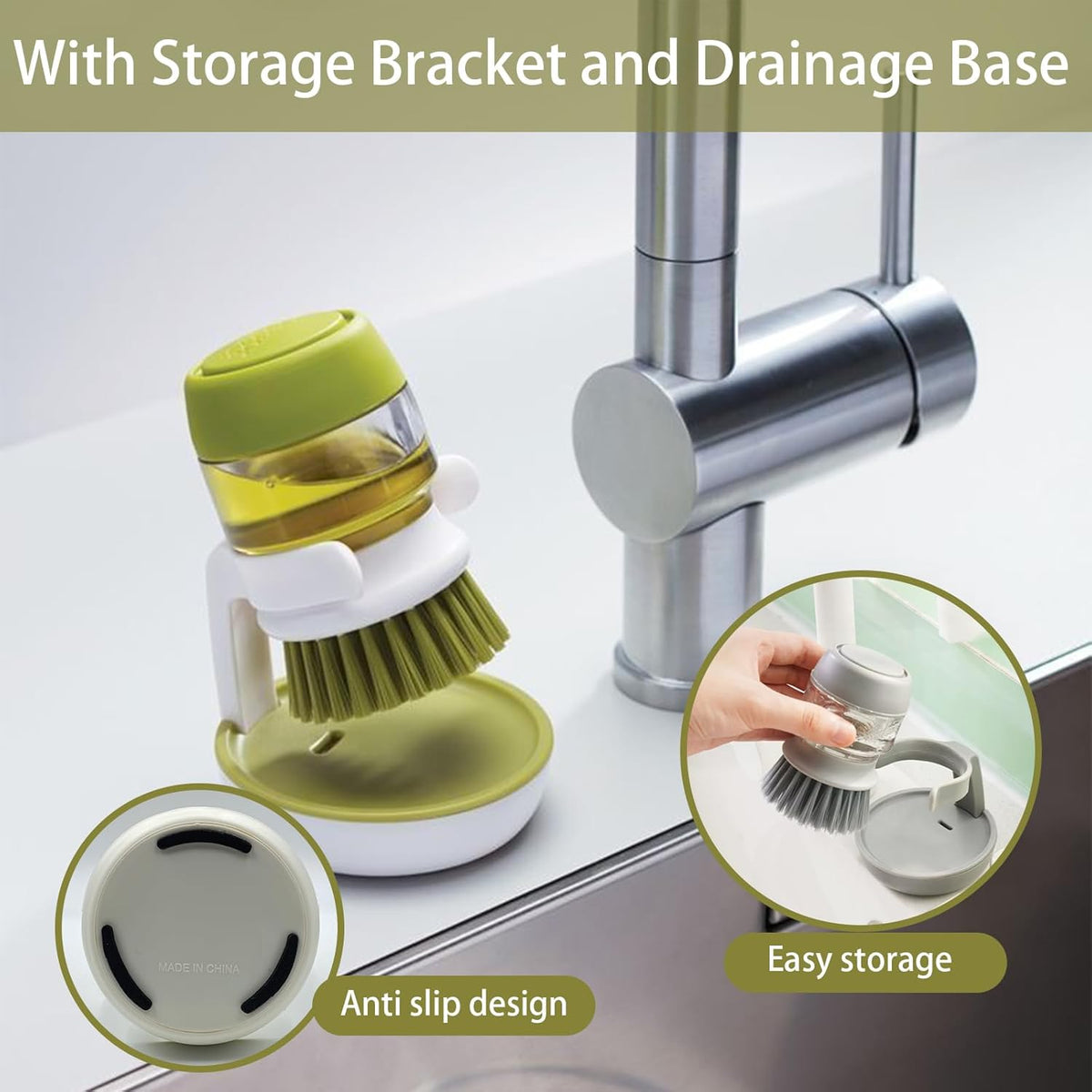 Soap Dispenser Dish Brush Palm Brush Scrub Brush Equipped with Storage Bracket and Drainage Base,Easy to Clean Kitchen Utensils and Sink