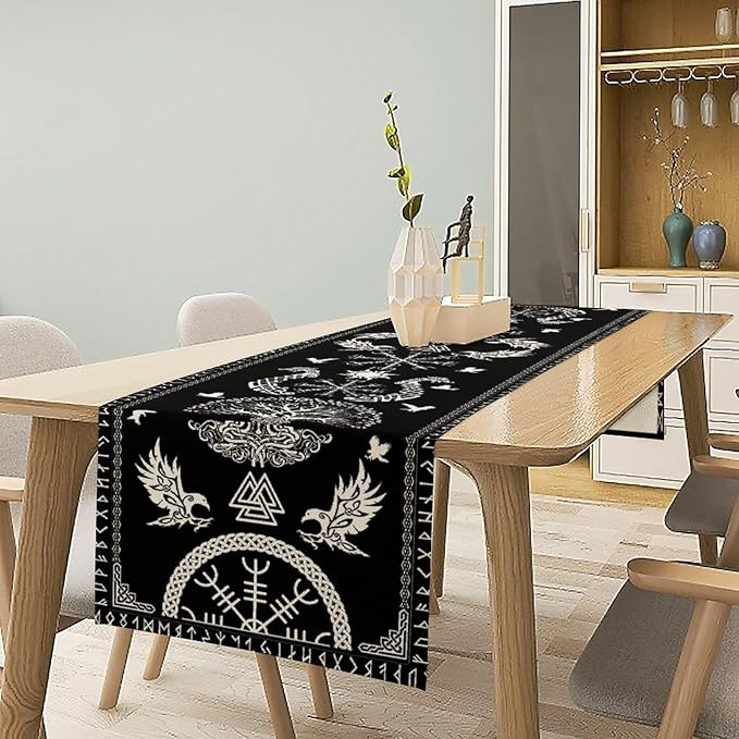 Viking Table Runner, Black Viking Tree of Life Raven Helmet of Awe Table Runner for Kitchen Dining Home Party 13x60in