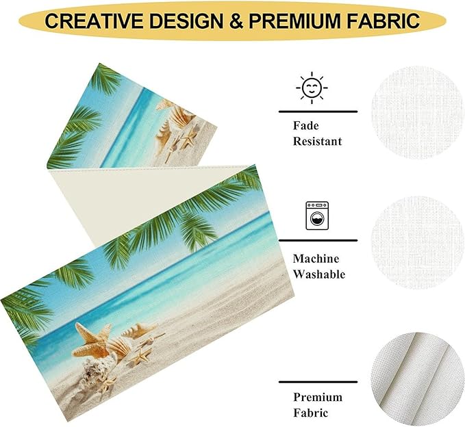 Summer Coastal Table Runner, Nautical Starfish Beach Seashell Ocean Tropical Palm Seasonal Coffee Table Center Decor for Home Kitchen Dining Patio Holiday Party Table Decorations 13"x90"