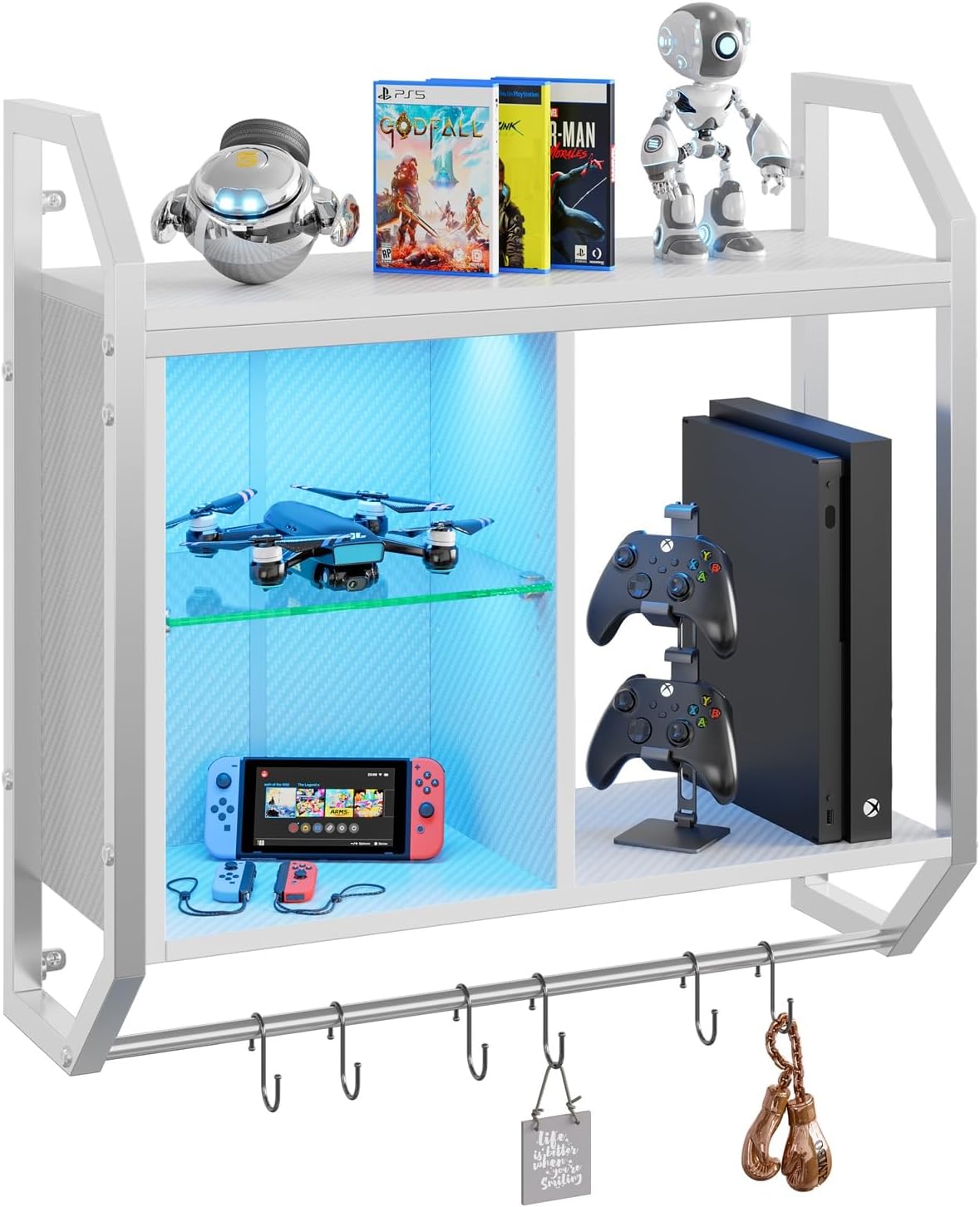Bestier LED Gaming Floating Shelves for Wall, 25" Wall Mounted Shelf Pipe Adjustable Glass Shelves