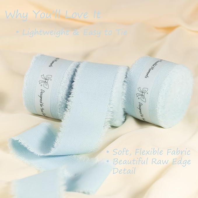 Baby Blue Cotton Ribbon 1-1/2 Inch Baby Blue 3 Rolls 21 Yards Frayed Edge Fabric Set for Baby Shower, Wedding Invitations, Nursery Decor, Christening & First Birthday Party