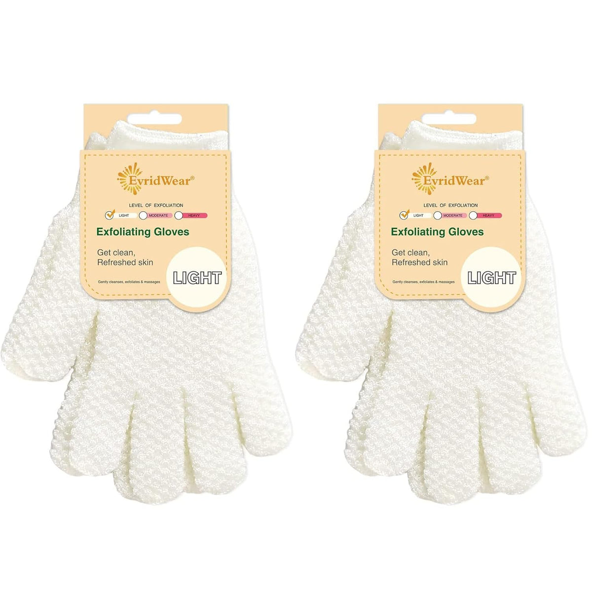 Evridwear Exfoliating Gloves for Shower, 100% Nylon Thick Soft Medium Heavy Bathing Gloves Dead Skin Remover Body Scrubber Smooth Skin with Hang Loop, 2 Pairs Light White