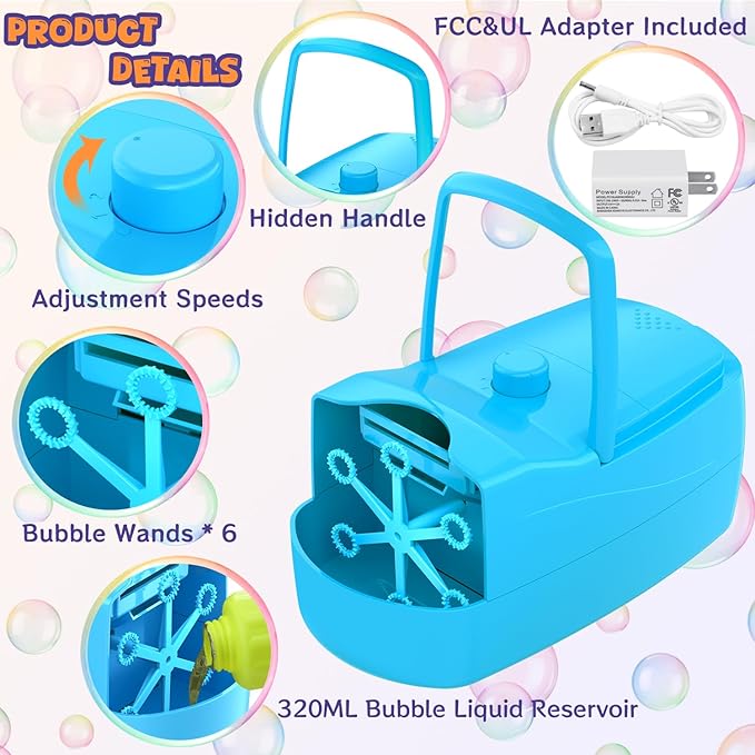 Bubble Machine, 18000+ Bubbles Per Minute Bubble Maker Blower for Kids Toddlers with 2 Speeds,6 Wands,Operated by Batteries or Plug-in for Outdoor/Indoor Birthday Parties,Wedding (Blue)
