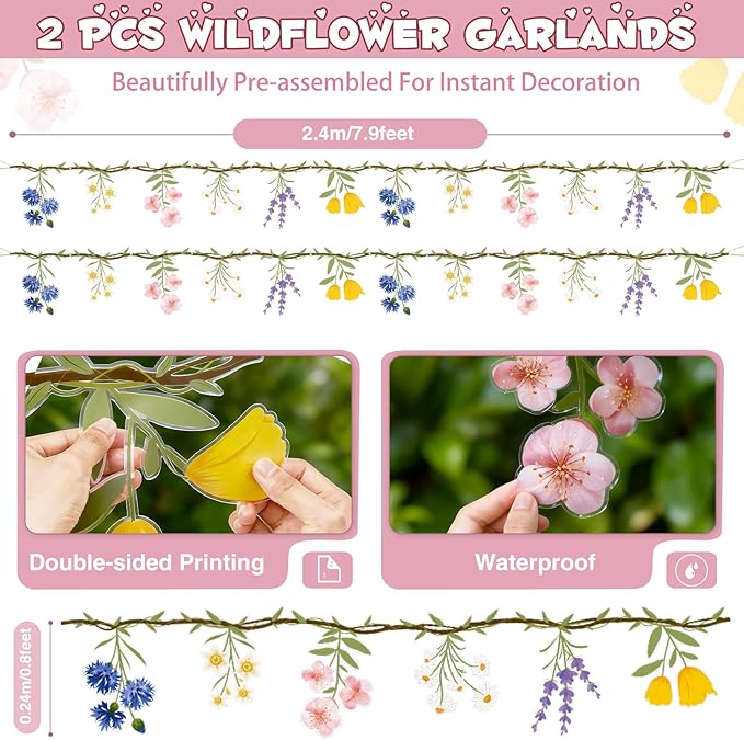 JIAYIQI 2PCS Wildflower Party Decorations, 7.9FT Pre-Strung Floral Garlands for Baby Shower Bloom Birthday Tea Party Wedding, Reusable & DIY Flower Banner for Garden Theme Grad in Bloom & Mothers Day
