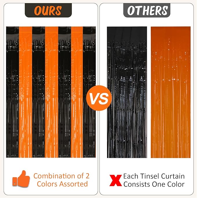 PIGETALE 2 Pack Black and Orange Tinsel Foil Fringe Curtain, 3.2Ftx8.2Ft Halloween Backdrop Curtains Photo Booth Props Streamers Christmas Birthday Party Anniversary Wedding Retirement Decorations