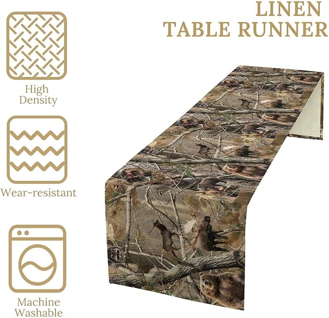 Forest Camouflage Table Runner, Camo Rustic Wildlife Animal Hunting Deer Elk Bird Bear Table Runner for Party Kitchen Dining Banquet 13x70in