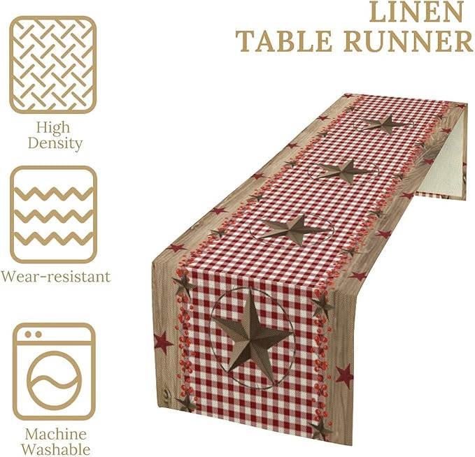 Farmhouse Western Table Runner,Rustic Country Barn Red White Buffalo Plaid Texas Star Berries Print Table Decoration for Kitchen Dining Table Wedding Home Party 13x120in