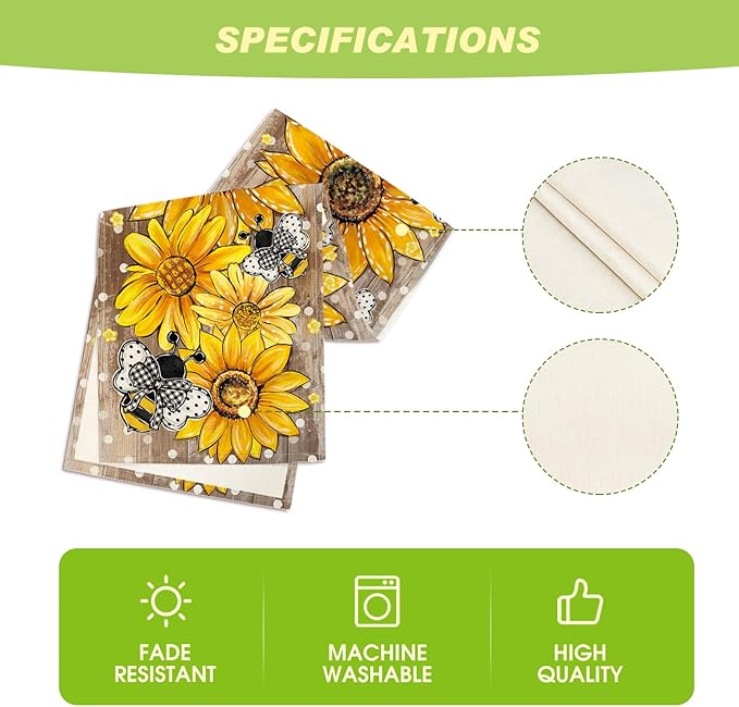 Artoid Mode Wood Sunflower Bee Flower Polka Dot Summer Table Runner, Seasonal Kitchen Dining Table Decoration for Home Party Decor 13x48 Inch