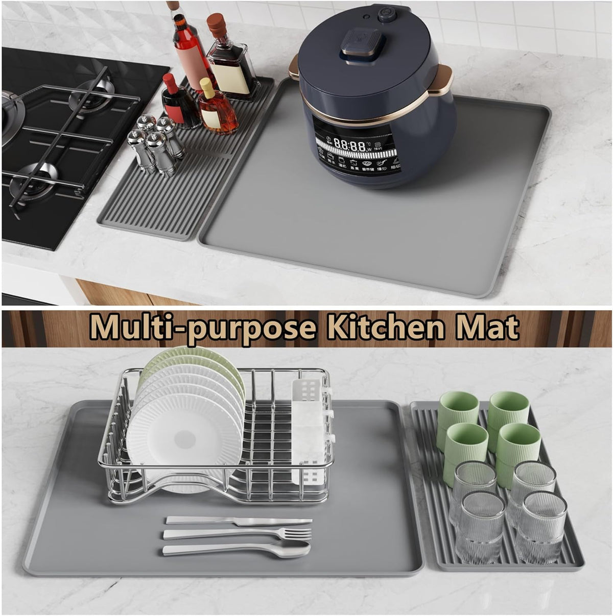 Coffee Bar Mat, Coffee Maker Mat, 24"x16" Silicone Coffee Mat, Spill-Proof, Heat-Resistant, Non-Slip, Fits Under Coffee Maker & Dish Rack (Gray