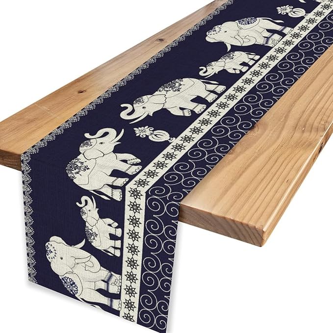 Boho Elephant Table Runner, Rustic African Tribal Traditional Diwali India Ethnic Folk Rustic Blue Coffee Table Center Decor for Home Kitchen Dining Holiday Party Outdoor Table Decorations, 13"x36"