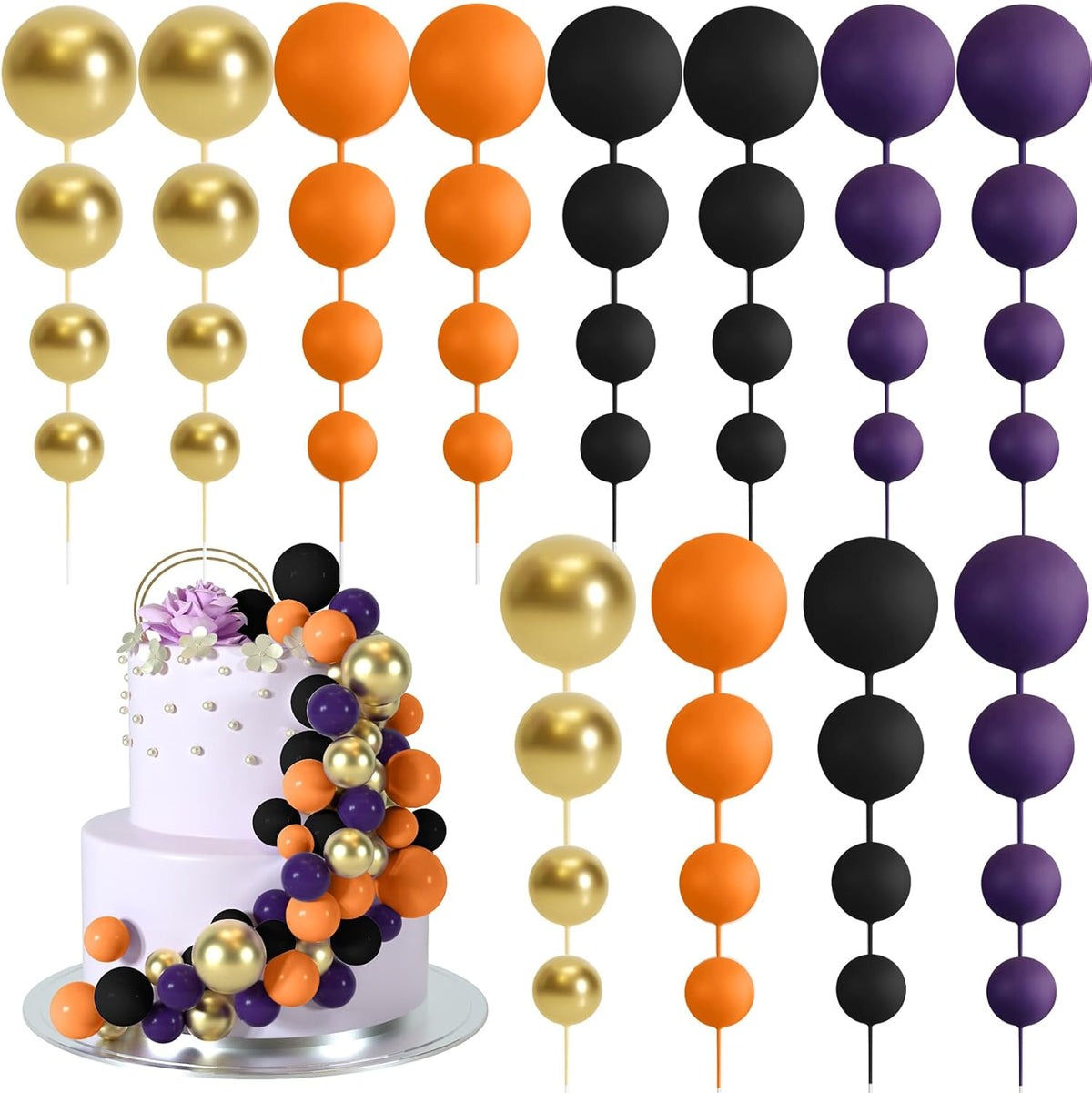 48 Pcs Balls Cake Topper Decorations Balloon Cupcake Toppers Foam Cake Topper Balls Cake Balls Decorations for Halloween Birthday Party Wedding Cake Decorating(Purple,Black,Orange,Gold)