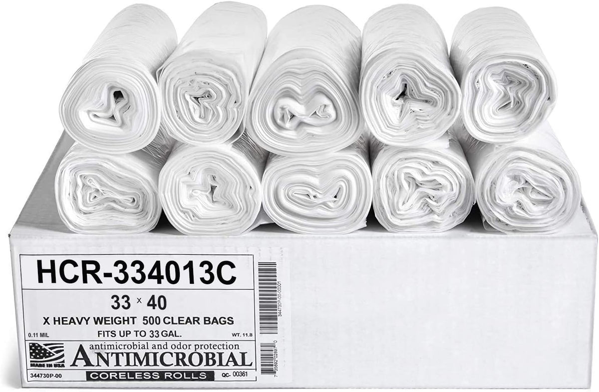 Aluf Plastics High Density Trash Bags, 33 Gallon, 500 Count, 13 Micron (eq), 33" x 40", Clear, for Bathroom, Office, Industrial, Commercial, Janitorial, Municipal, Recycling