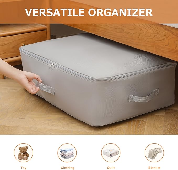 Surblue Clothing Storage Bags Clothes Organizer with Reinforced Handle Foldable Under Bed Storage Bags for Blankets Comforters Quilt Bedding Pillow Toy,3Pcs,Gery