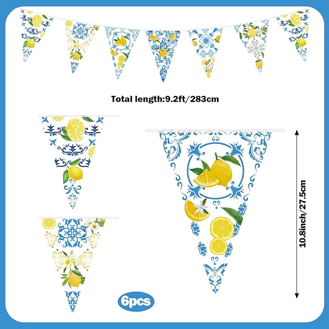 6 Pack Blue Tiles Lemon Party Banner Capri Lemon Pennant Banner Pre-Strung Summer Lemonade Triangle Flag Bunting Garland for Wedding Birthday Bridal Shower Bachelorette Party Decorations