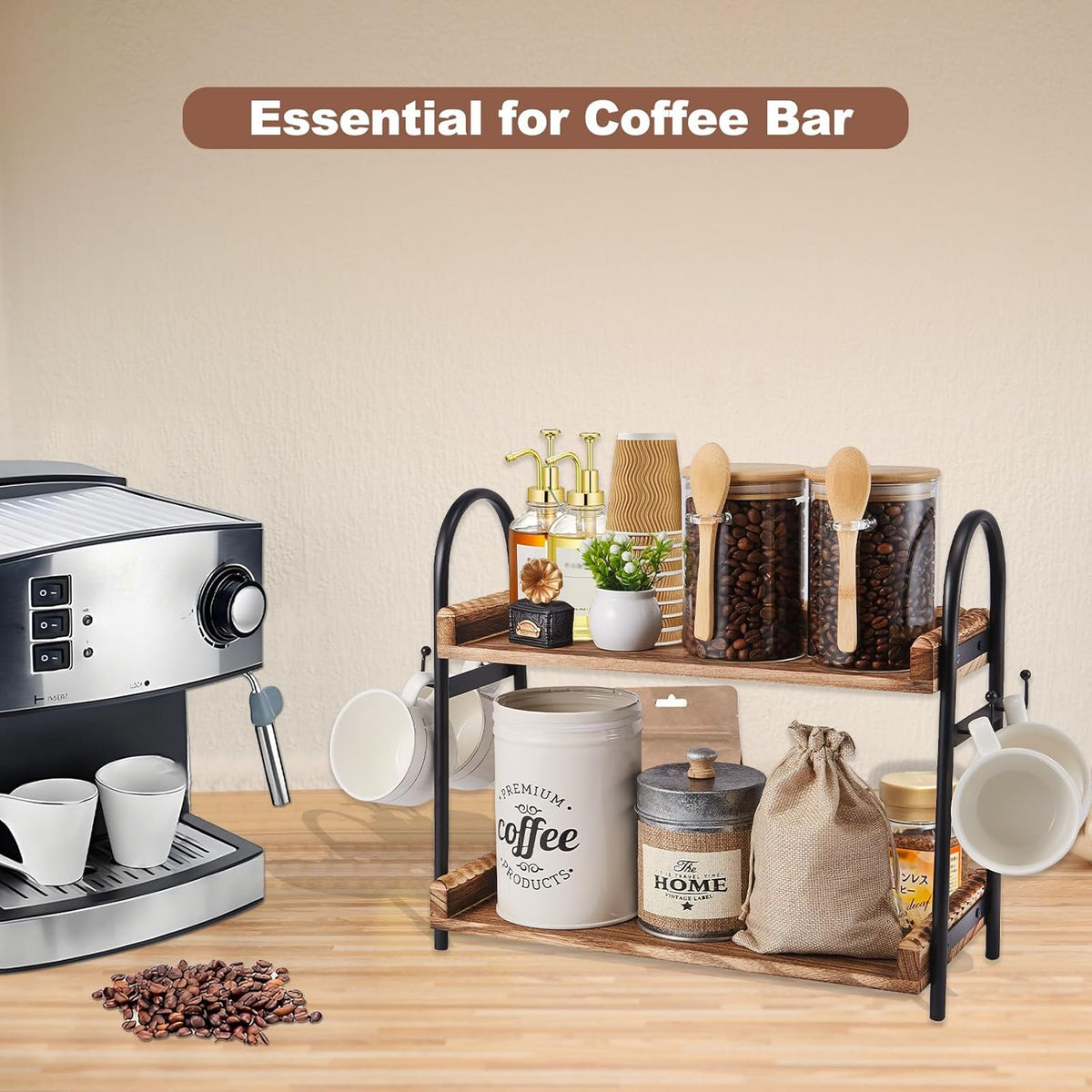 Coffee Bar Accessories, 2-Tier Coffee Bar Organizer with 4 Coffee Cup Holder Hooks