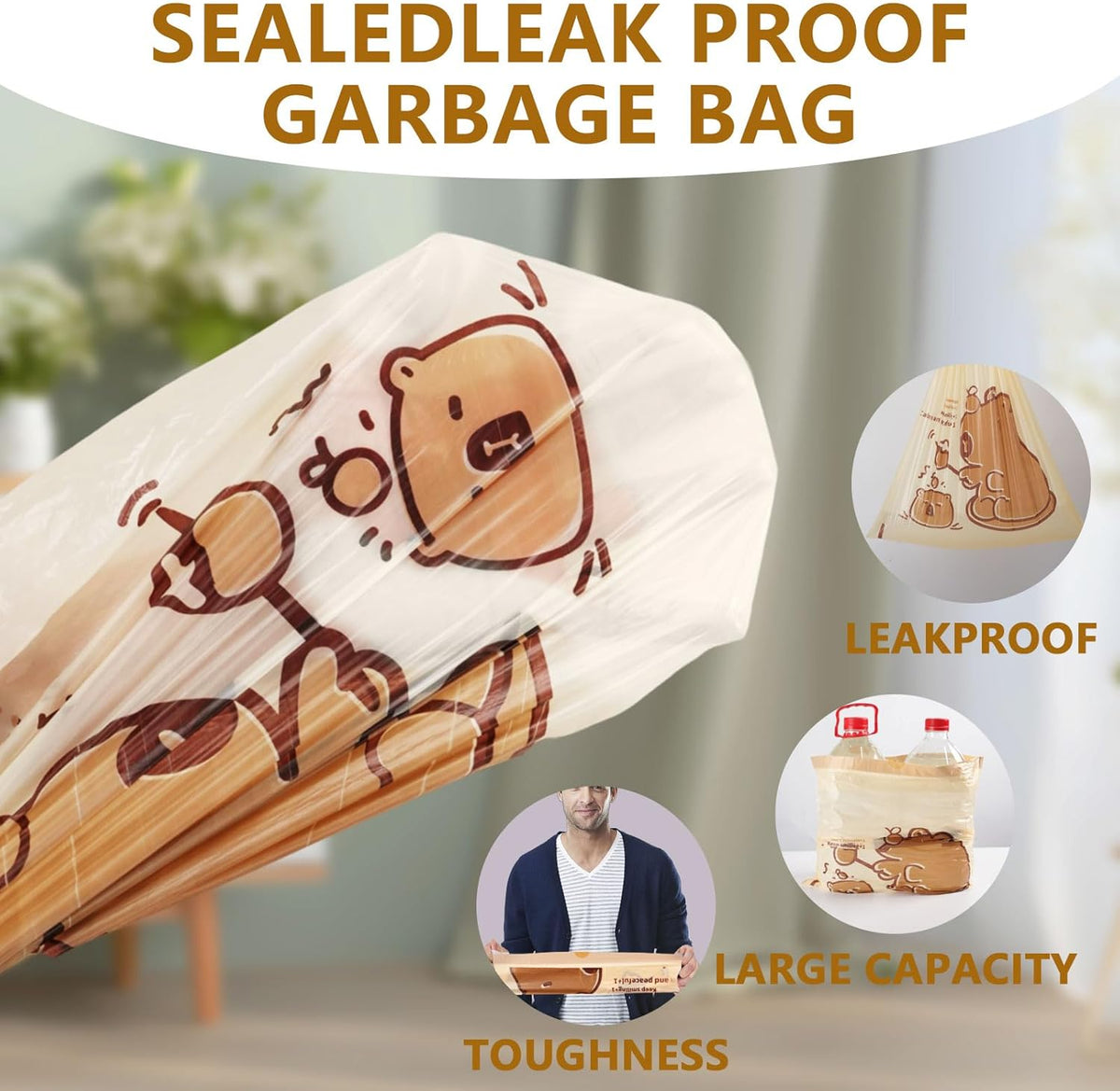 VOK 8 Gallon Trash Bags with Capybara Printed, Drawstring Medium Garbage Bags, Tear-Resistant & Leak-Proof Kitchen/Office Trash Can Liners, Trash Bags 8 Gallon with Secure Tie, 100 Counts
