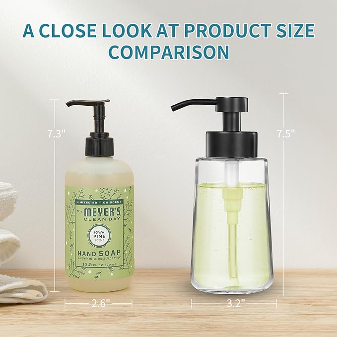 Soap Dispenser, Clear Glass Soap Dispenser with Rust Proof Pump, 16oz Liquid Soap Pump with Waterproof Labels, Dish & Hand Soap for Bathroom, Kitchen, Matte Black, Pack of 2