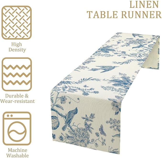 Spring Flower Table Runner, Farmhouse Vintage Blue White Floral Bird Print Table Runner for Kitchen Dining Table Party Wedding Decor, 13x90inch