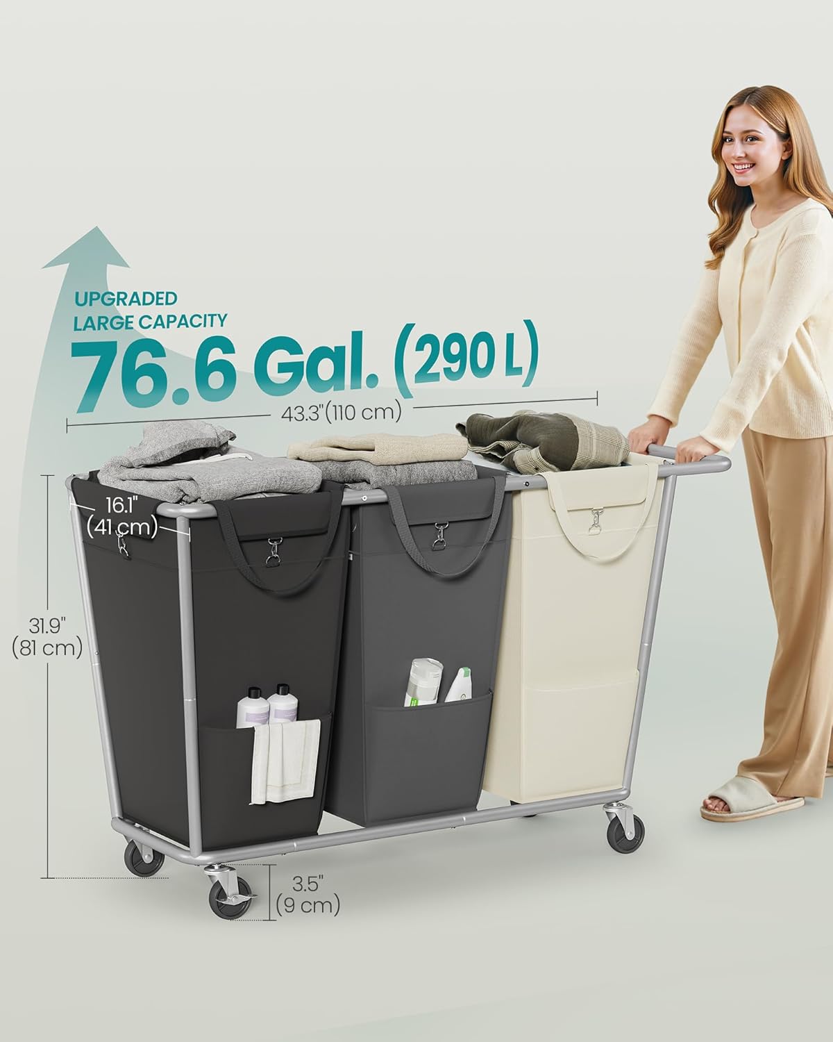 SONGMICS Laundry Basket with Wheels, 76.6 Gallons (290 L), 3-Section Rolling Laundry Hamper with Removable Bags, Heavy-Duty Steel Frame with Handle, Cream White, Dark Gray and Ink Black URLS010X01