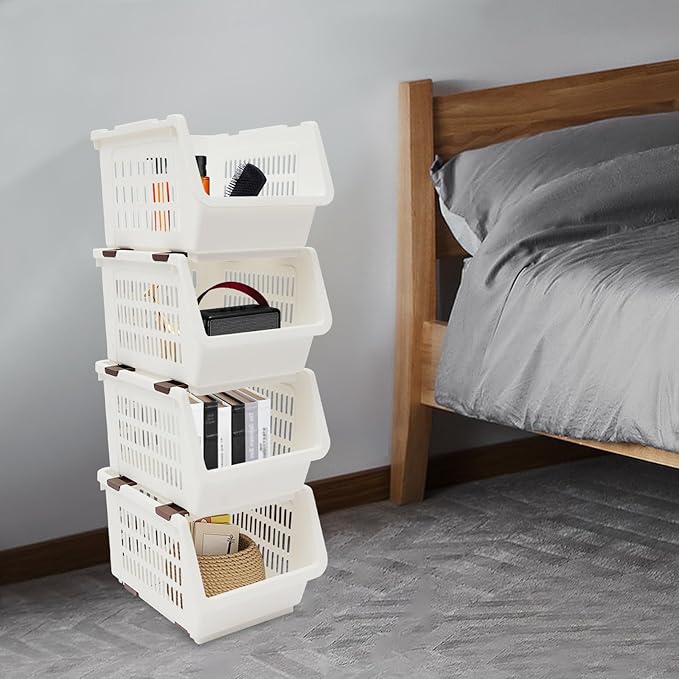 4-Pack Stackable Plastic Storage Baskets - Open Front Organizer Bins for Kitchen, Pantry, and Bathroom Essentials (White)