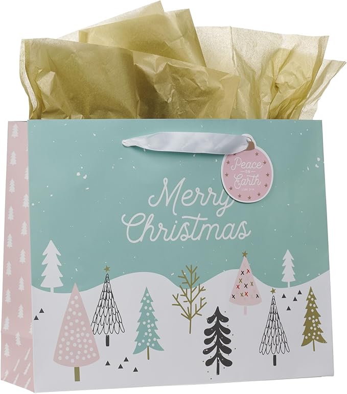 Christian Art Gifts Large Landscape Inspirational Scripture Holiday Gift Bag, Tag & Wrapping Tissue Paper Set for Women: Merry Christmas, Cute Sturdy Satin Ribbon Handles, Teal/Pink Pastel Multicolor