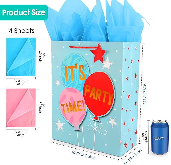 Gift Bags Large Gift Bag Set-Birthday Gift Bag for Boy Teen Kids Men Him-Blue Gift Bags with Tissue Paper-Paper Gift Bags with Handles-Big Gift Bags Birthday Gift Wrap Bag,Party Gift Bags Present Bags（2Pack,12.5Inch）