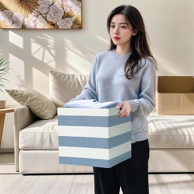Foldable Cube Storage Bin Organizing Baskets Cubby Boxes Fabric Storage Cubes Organizer Bins with Handles for Organization Shelf Closet, 13"x13"x13", Pack of 4, Blue/White Stripe