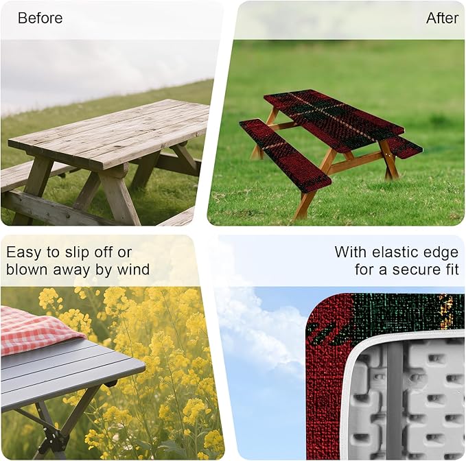 ANNA QUEEN 6FT Red Christmas Picnic Table Cover with Bench Covers Picnic Table Cover Set 3PCS 72"x30", Waterproof Outdoor Bench and Tablecloth Furniture Protection for Camping Beach BBQ