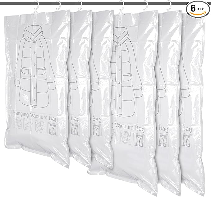 6 Pack Hanging Vacuum Storage Bag, 2 Sizes: 51.2 x 27.6 inch & 43.3 x 27.6 inch Hanging Vacuum Sealer Storage Space Saver Bags, Reusable Space Saver Bags, for Suits, Dress, Jackets, Clear