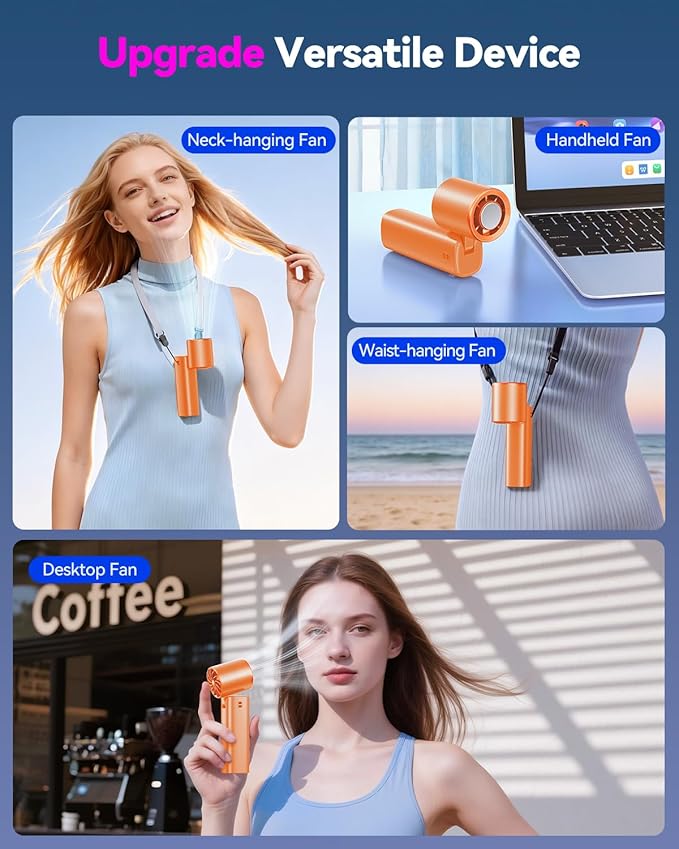 DRORION Portable Mini Fan with Ice Cooling Function, 199 Speed Adjustable Handheld Fan, Rechargeable Personal Fan with Digital Display, Quiet Desk Fan for Travel, Office, Outdoor, Summer,Orange