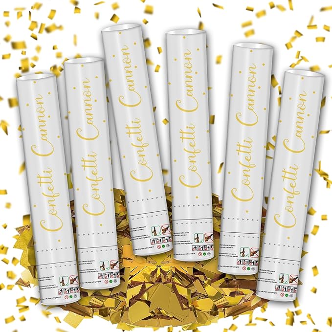 12" Gold Confetti Cannons - Party Poppers for Birthday Graduation Retirement Wedding New Year Celebrations - Easy to Use, Pack of 6