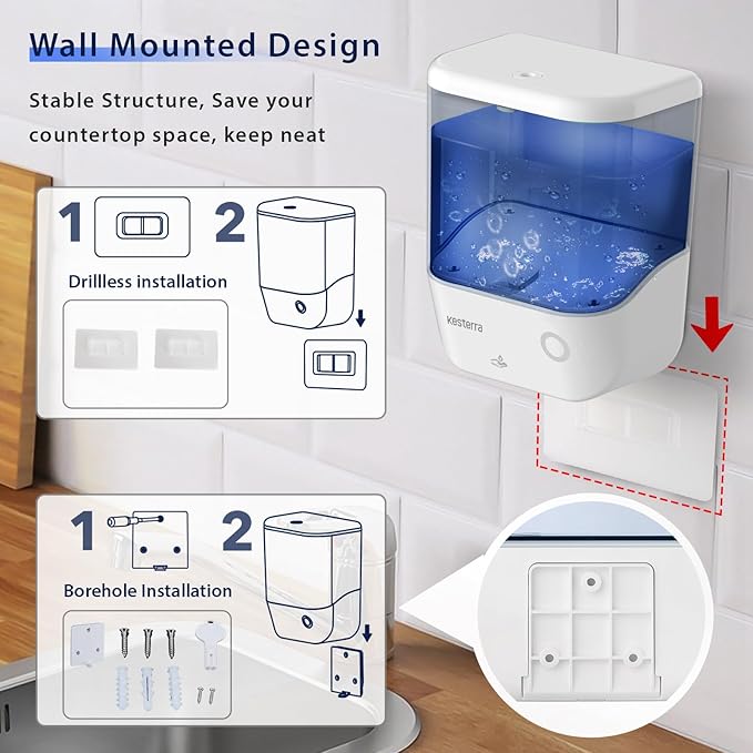 Automatic Soap Dispenser Wall Mount, Touchless Soap Dispenser 1000ml/34oz Battery Operated Hand Free Hand Sanitizer Dispenser for Bathroom Kitchen Hotel Offices Plastic, No Drill, White